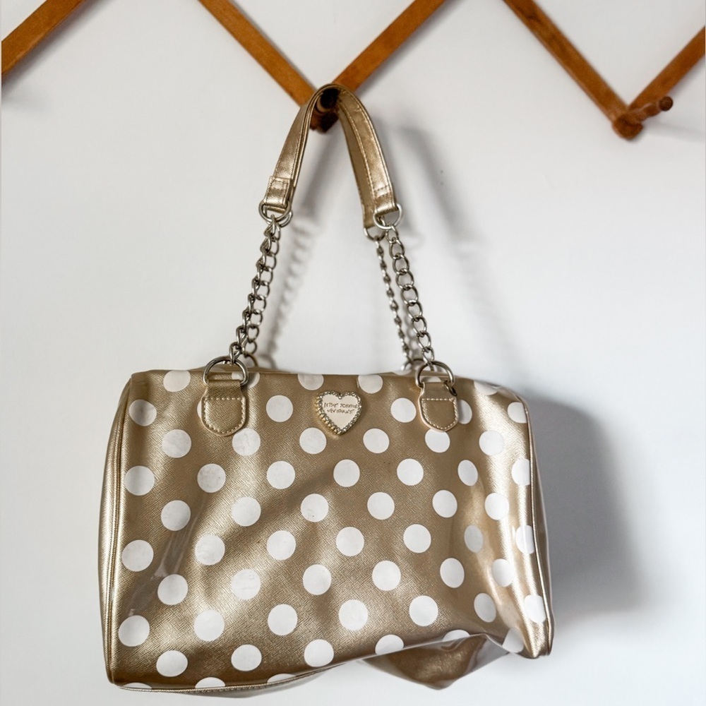 Betsey Johnson Gold And White Polka Dot Shoulder Bag - Picture 1 of 8
